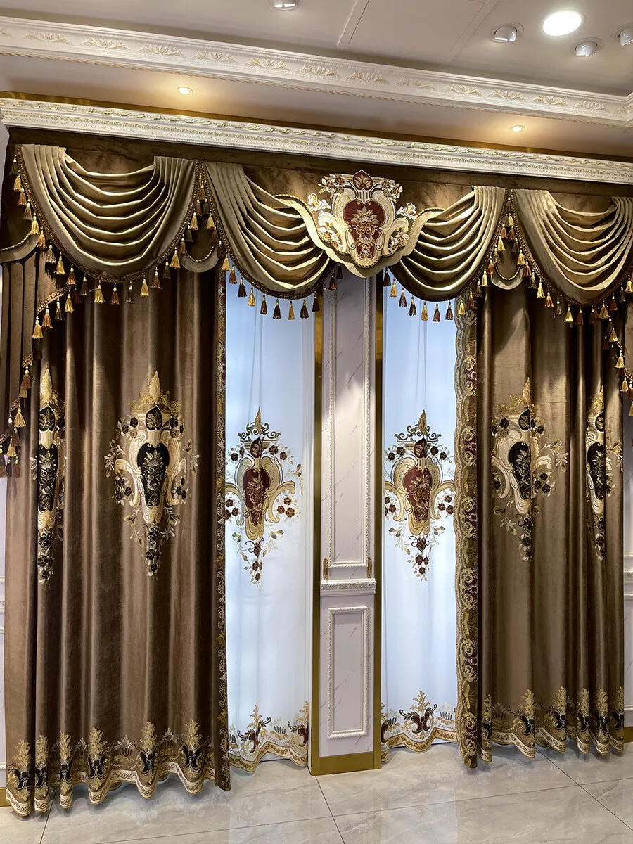 European gold French velvet embroidered thick window valance curtain tulle M1574