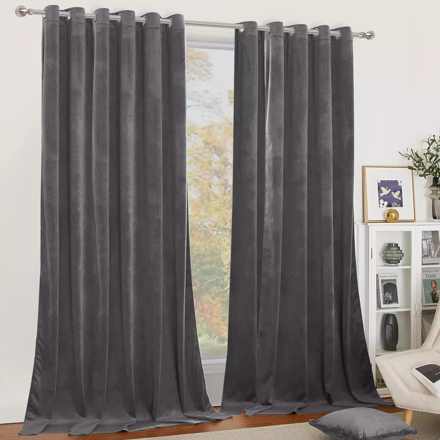 Thick Heavy Velvet Curtains PAIR of Eyelet Ring Top Fully Lined Ready Made Panel