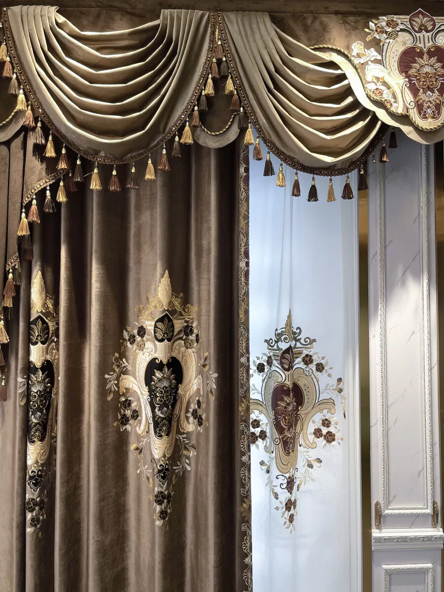 European gold French velvet embroidered thick window valance curtain tulle M1574