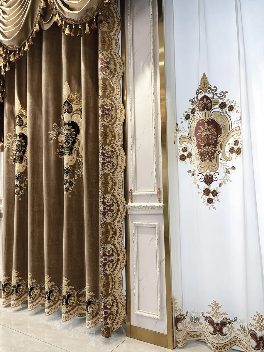 European gold French velvet embroidered thick window valance curtain tulle M1574