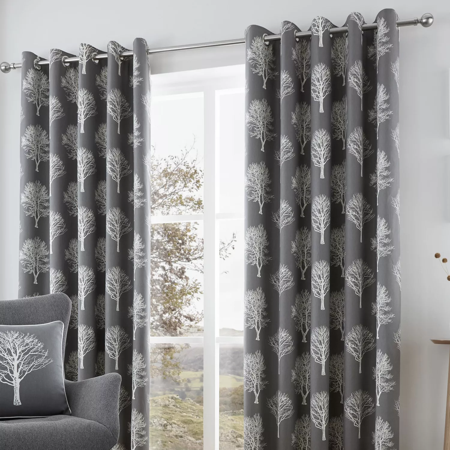 Fusion WOODLAND TREES Charcoal Grey 100% Cotton Eyelet Ring Curtains & Cushions