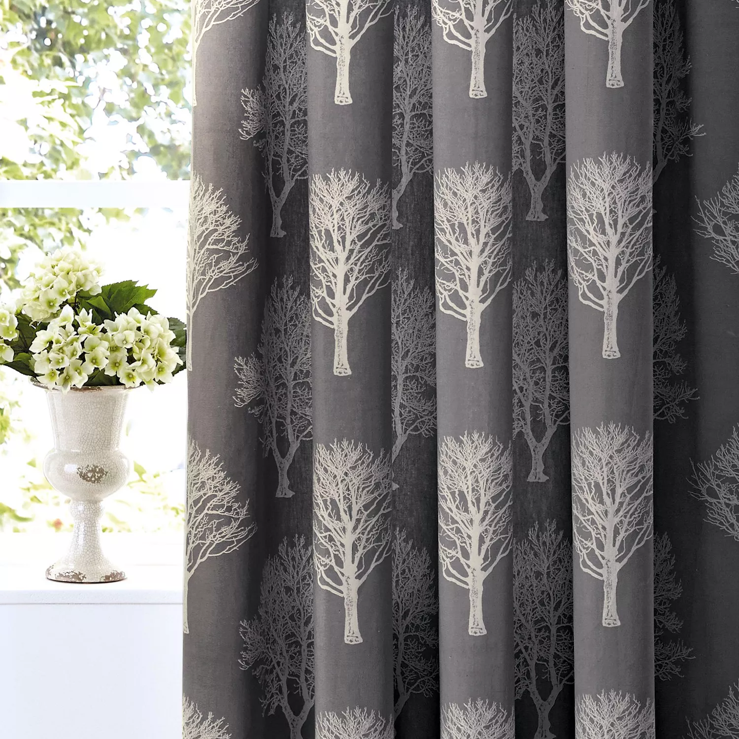 Fusion WOODLAND TREES Charcoal Grey 100% Cotton Eyelet Ring Curtains & Cushions