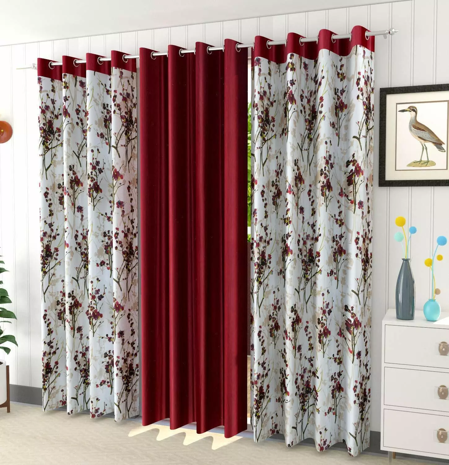 3 Piece Floral Shaded Grommet Ringtop Door Window Curtains Set 5 7 9 Feet Maroon