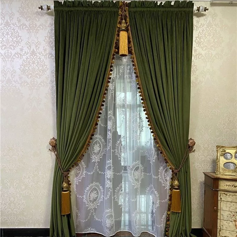 Gorgeous American retro olive green thick velvet cloth curtain tulle drape C1889