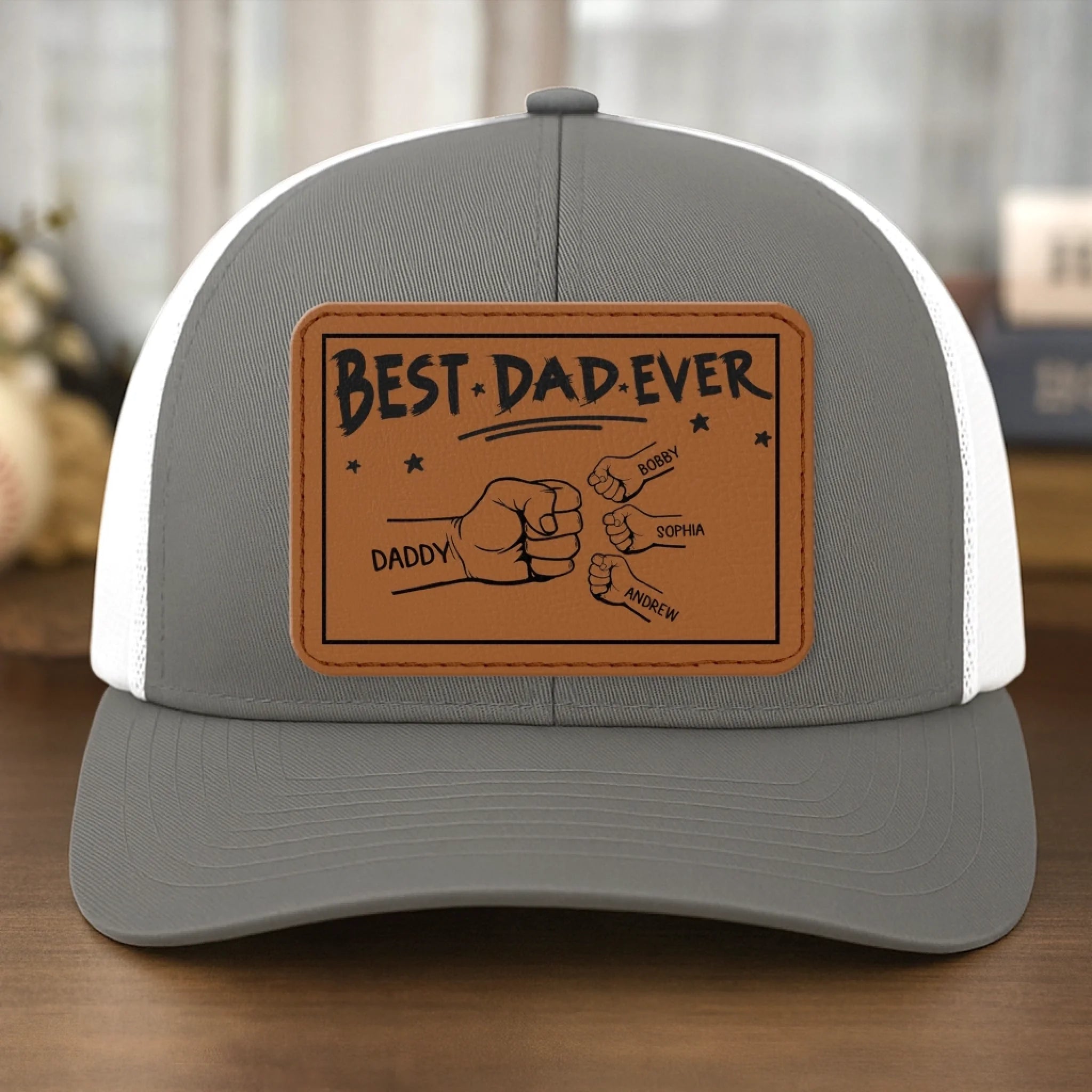 Dad Of The Year - Family Personalized Custom Leather Patch Mesh Cap - Father's Day, Gift For Dad, Grandpa