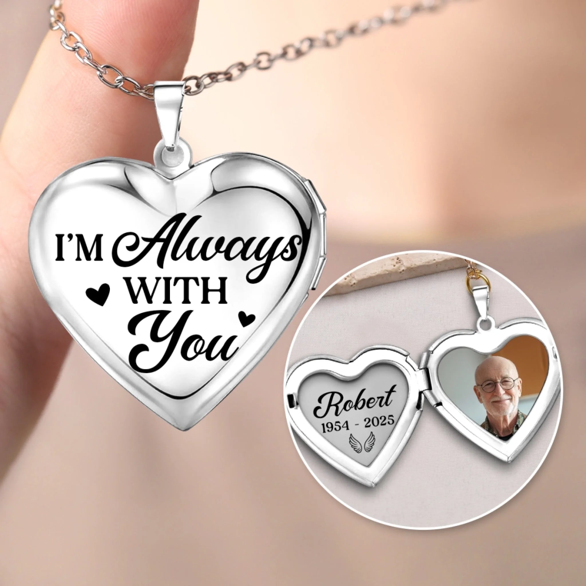 Custom Photo I'm Always With You - Memorial Personalized Custom Heart Locket Necklace - Sympathy Gift For Family Members