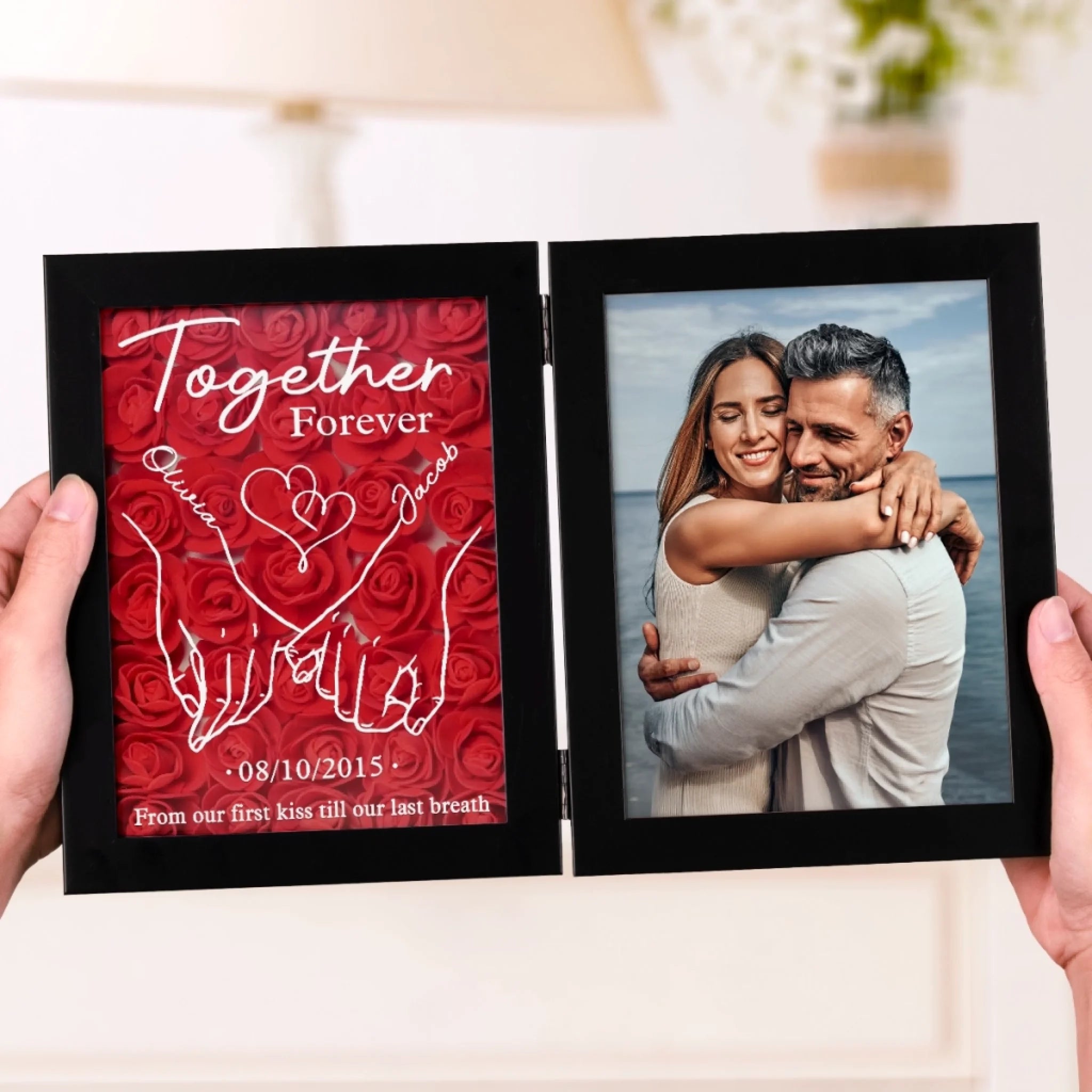 Custom Photo Together Forever - Couple Personalized Custom Double Frame Flower Shadow Box - Gift For Husband Wife, Anniversary