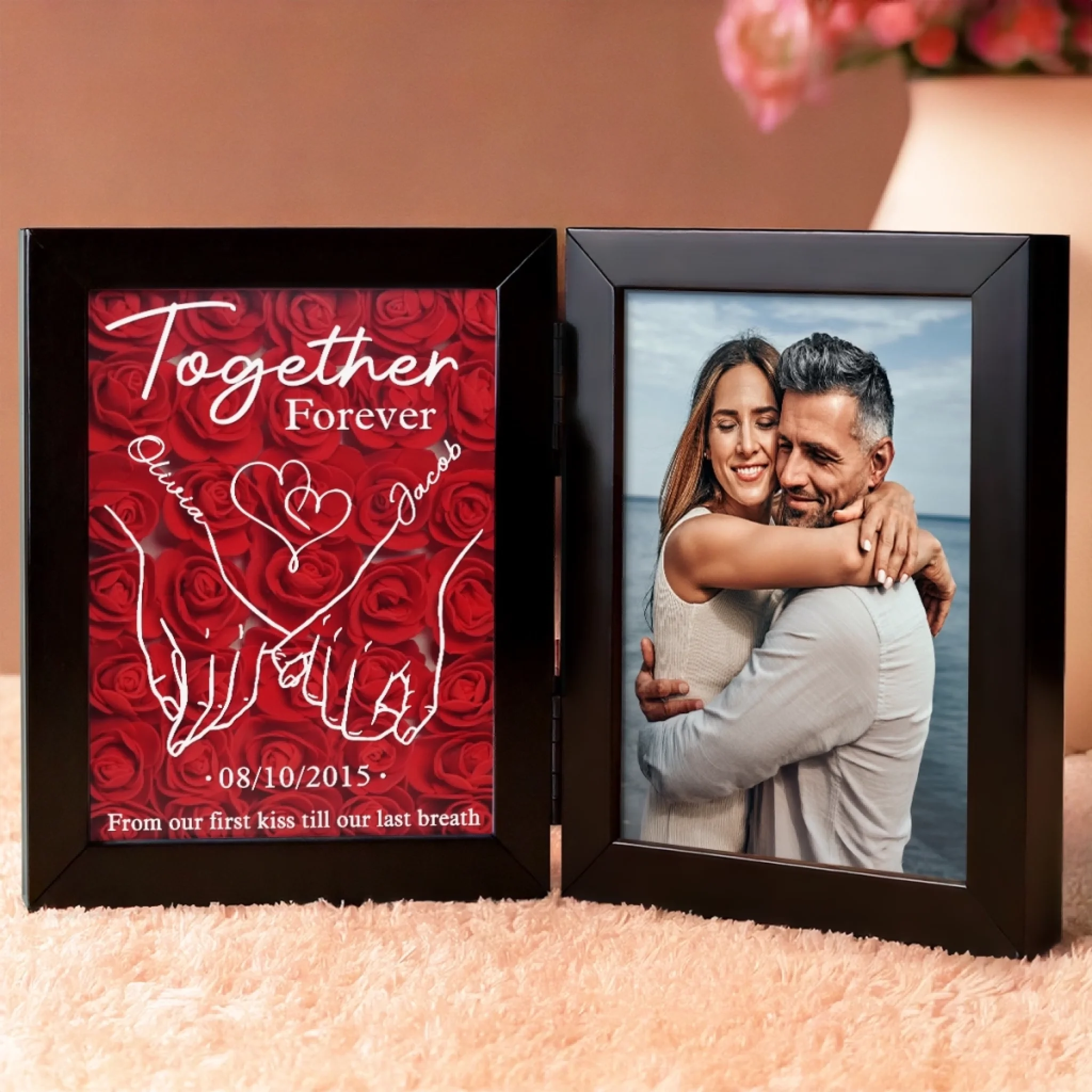 Custom Photo Together Forever - Couple Personalized Custom Double Frame Flower Shadow Box - Gift For Husband Wife, Anniversary