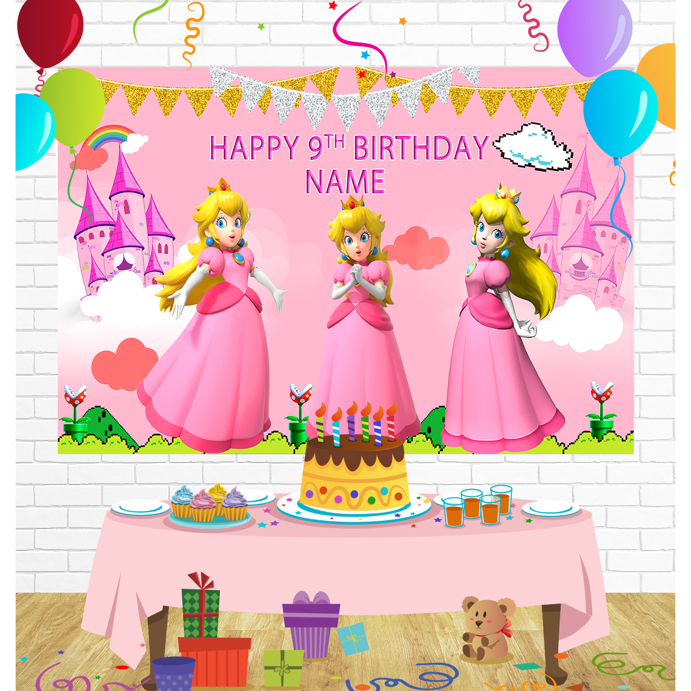 Princess Peach Birthday Backdrop for Party Supplies Decorations
