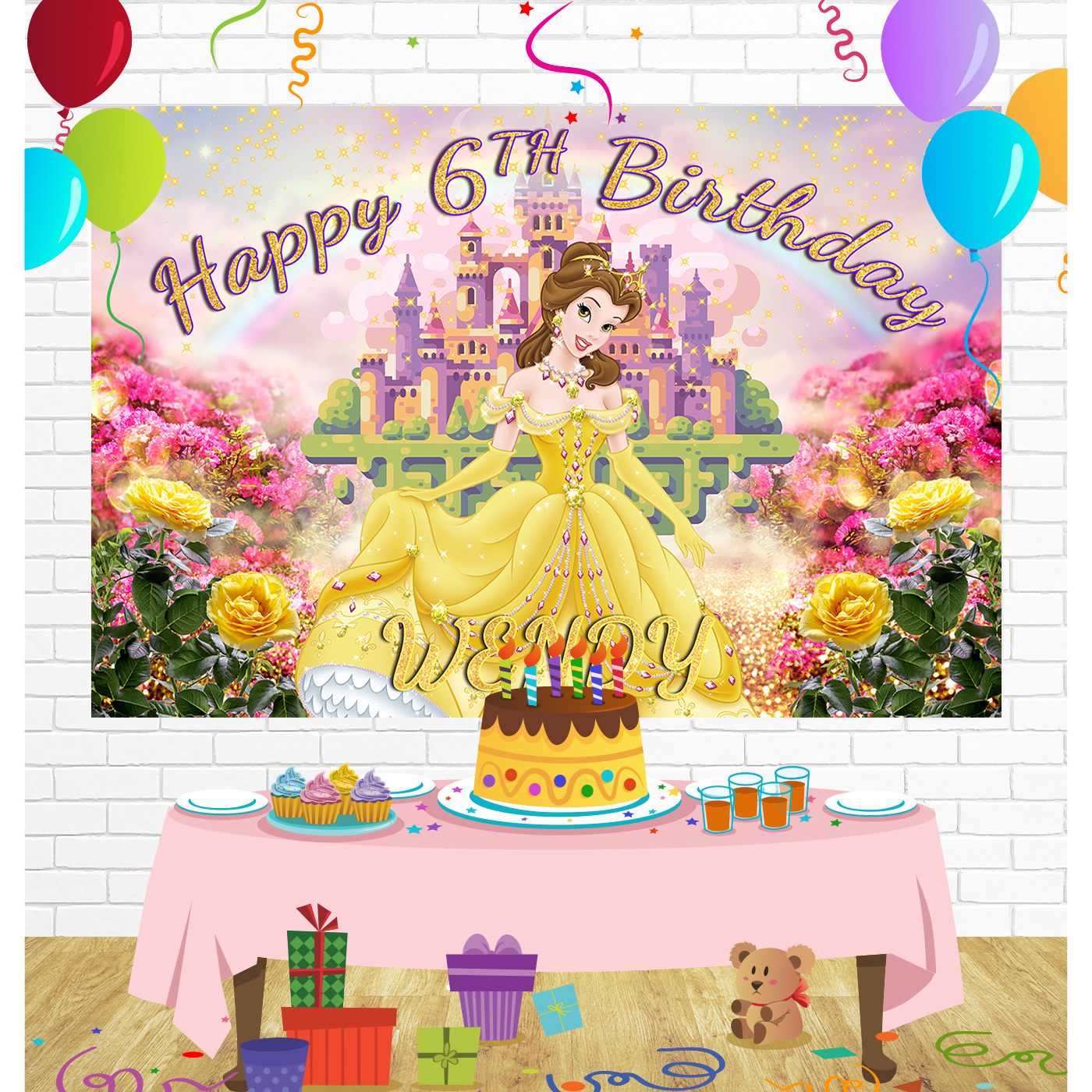 Princess Belle Birthday Backdrop for Party Supplies Decorations