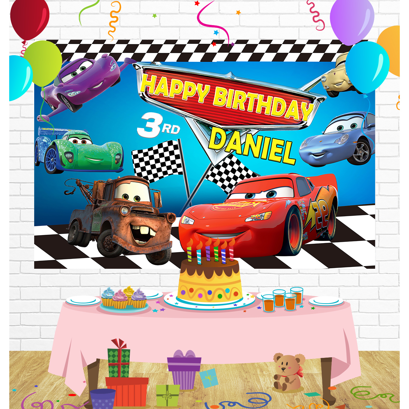 Lightning McQueen Birthday Backdrop for Party Supplies Decorations