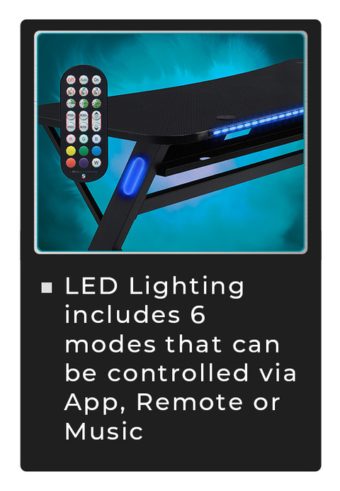View of side and rear of desk showing integrated LED lights with white text on black background: "LED Lighting includes 6 modes that can be controlled via App, Remote, or Music