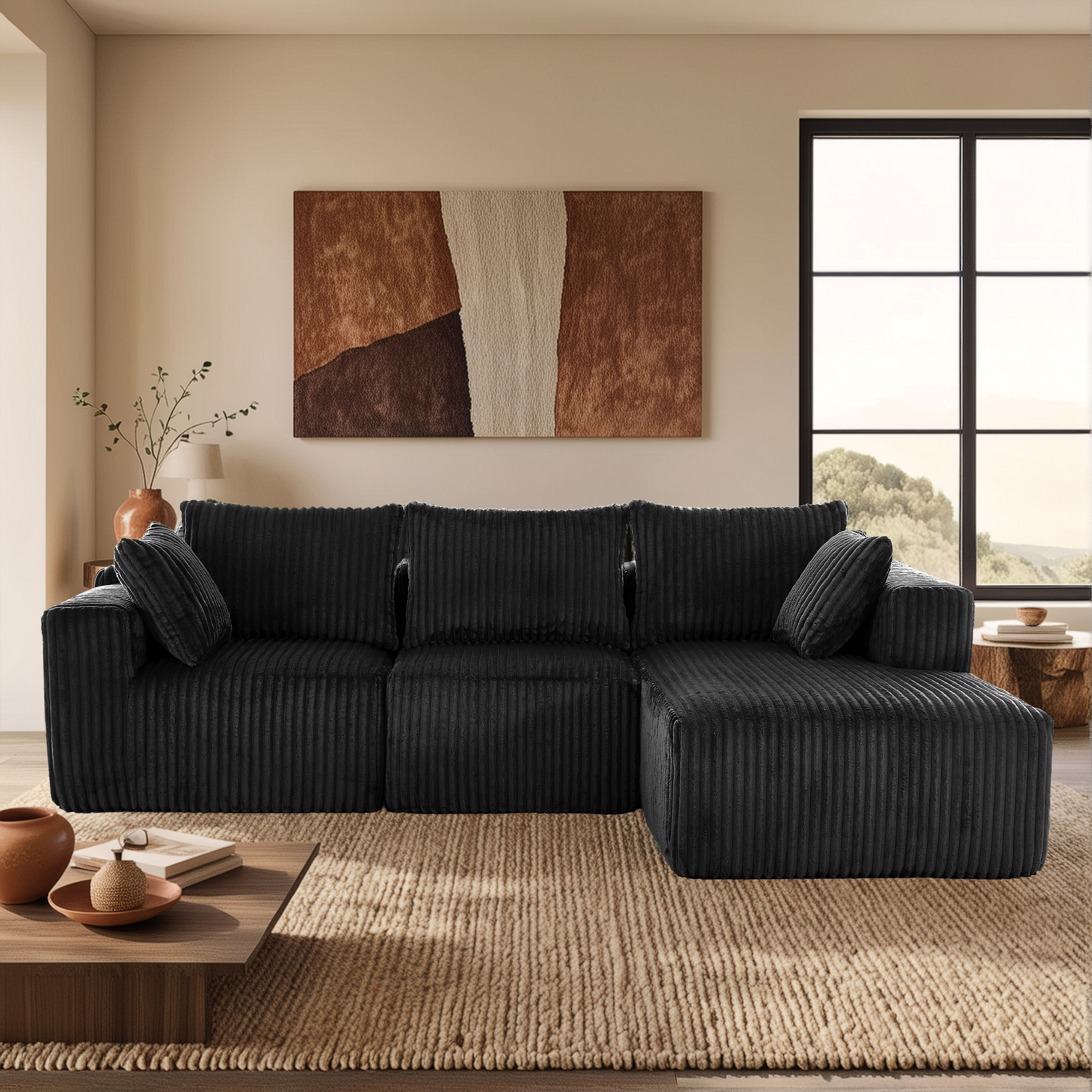 InstaPuff 102" Plush Corduroy free-installation sofa with Chaise