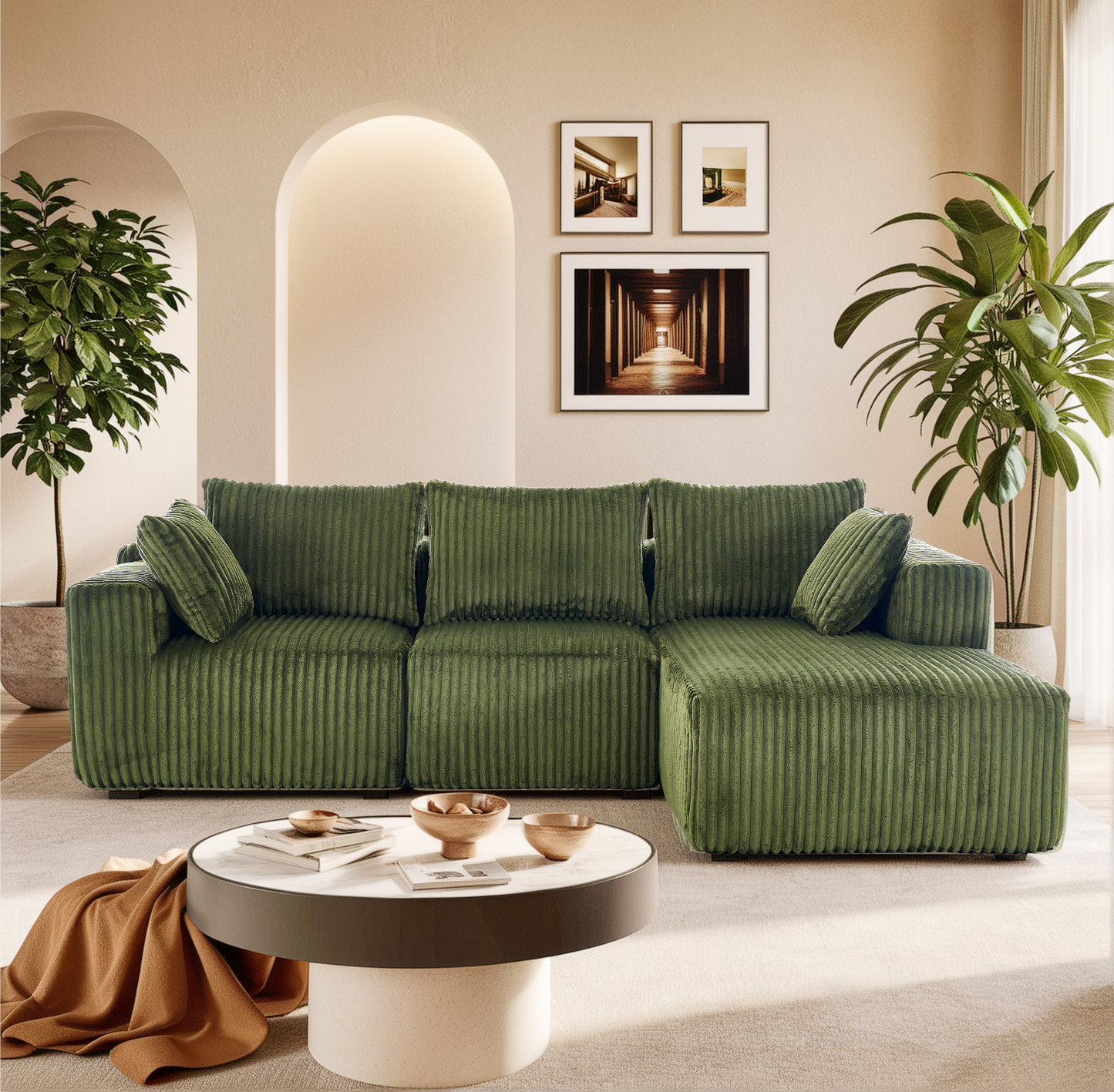 InstaPuff 102" Plush Corduroy free-installation sofa with Chaise