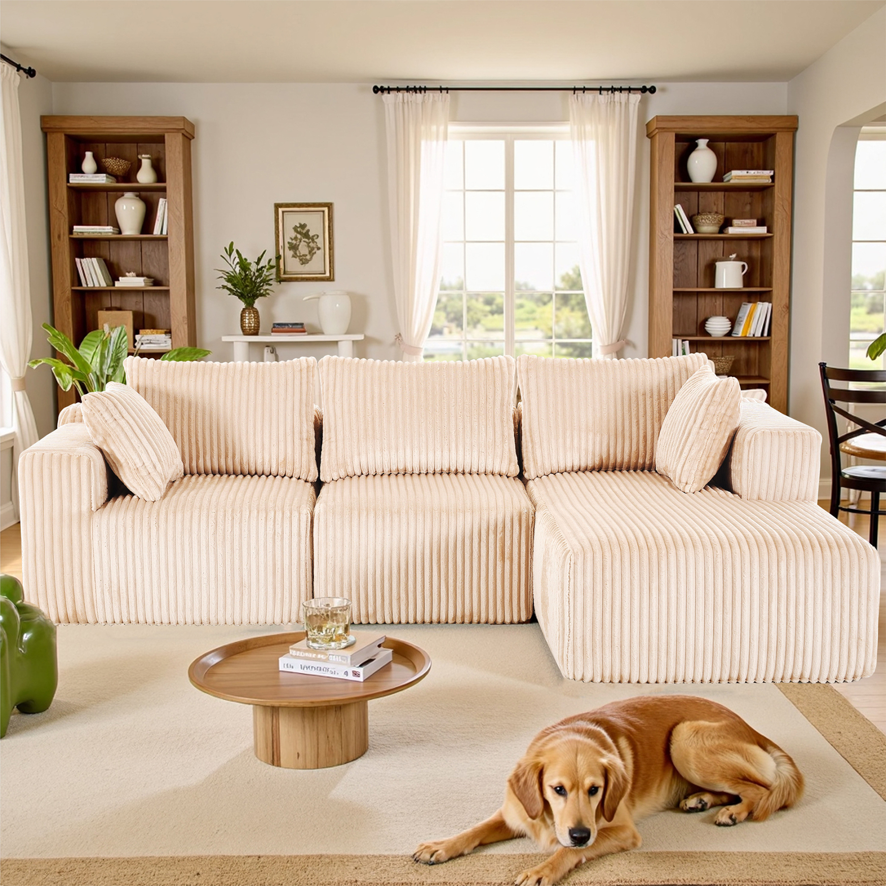 InstaPuff 102" Plush Corduroy free-installation sofa with Chaise