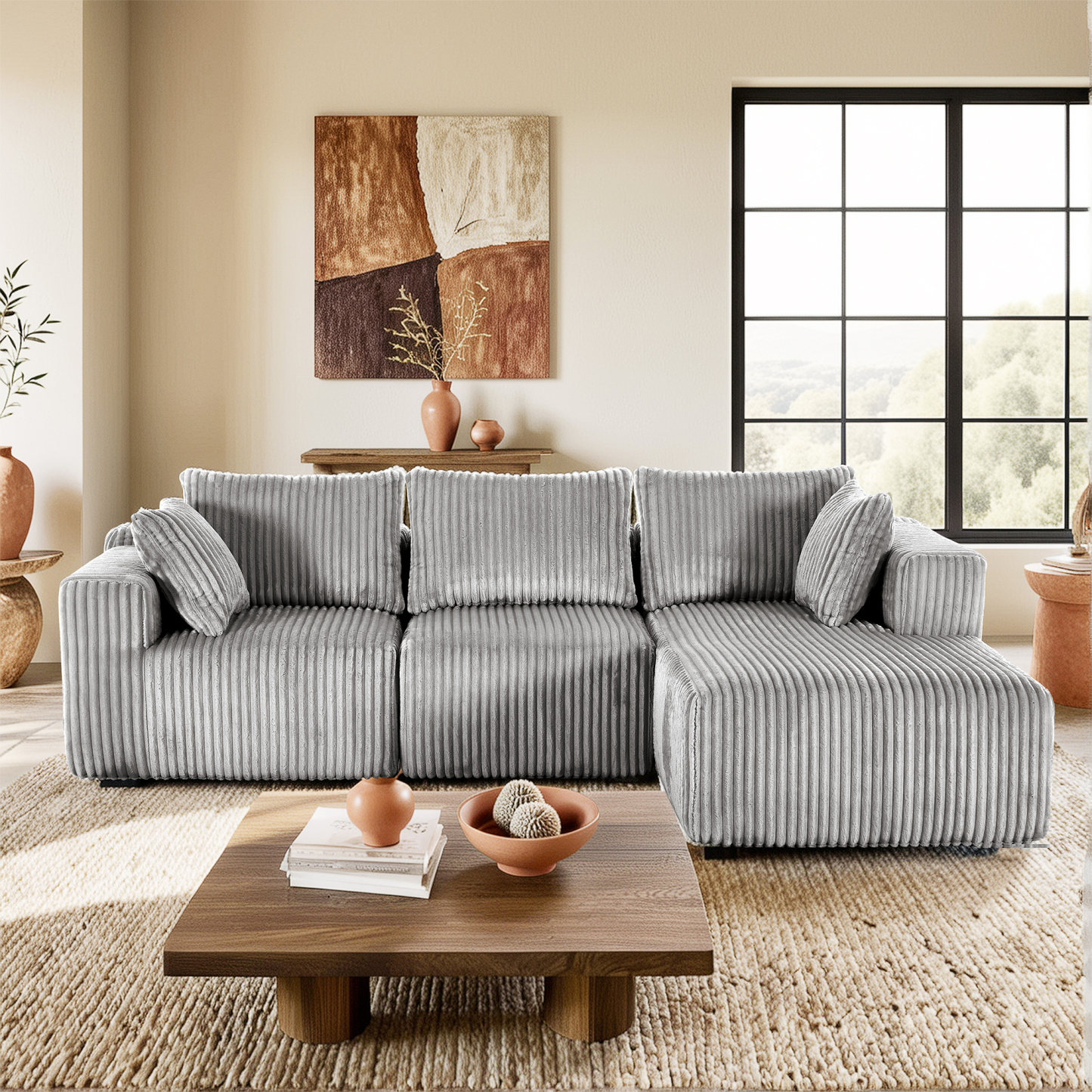 InstaPuff 102" Plush Corduroy free-installation sofa with Chaise