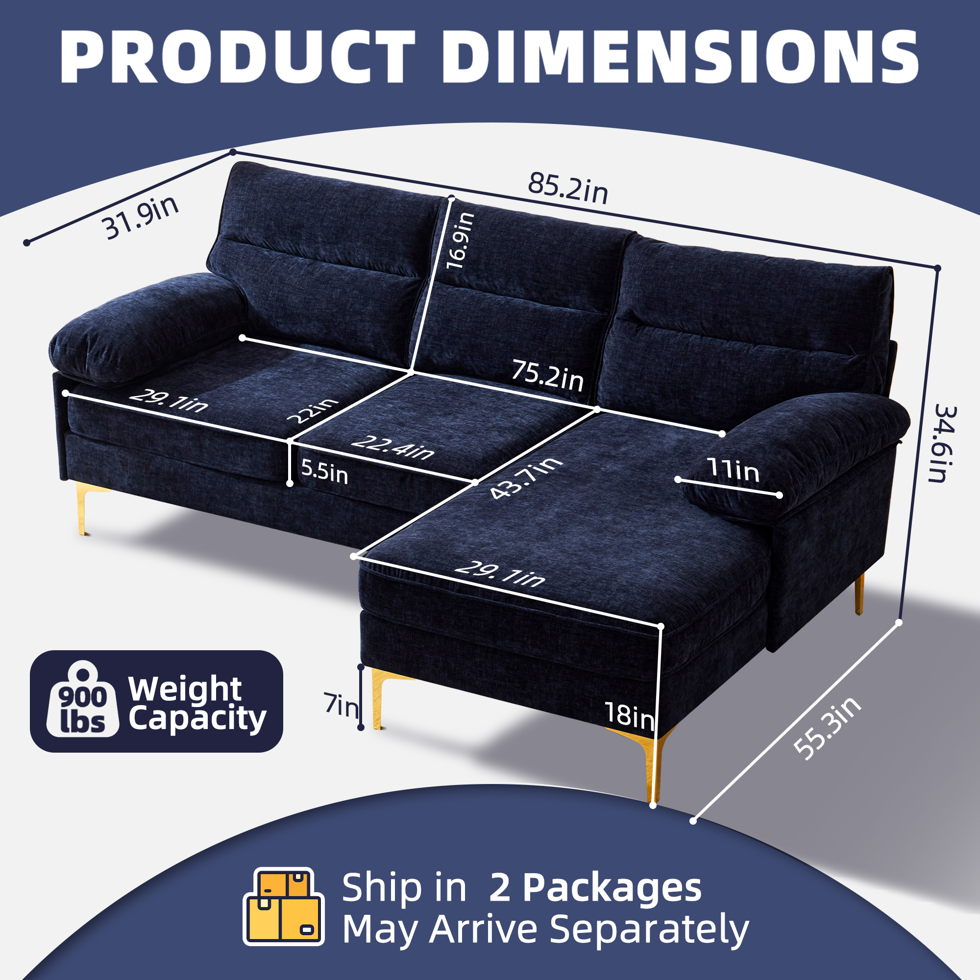 Convertible L Shape 85” Sectional Couch