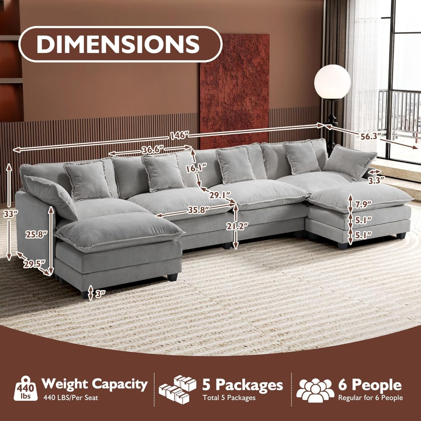 Cloudy 149.2'' Luxury Thickened Cushion Sectional Sofa
