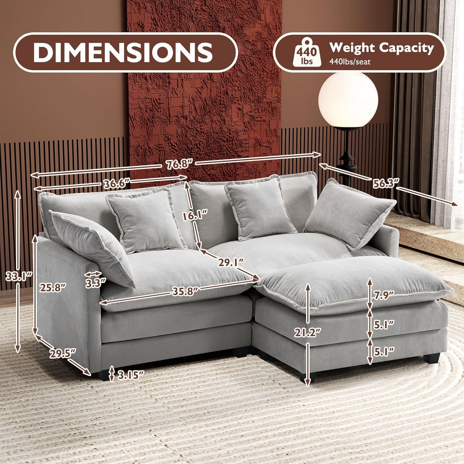 Cloudy 149.2'' Luxury Thickened Cushion Sectional Sofa