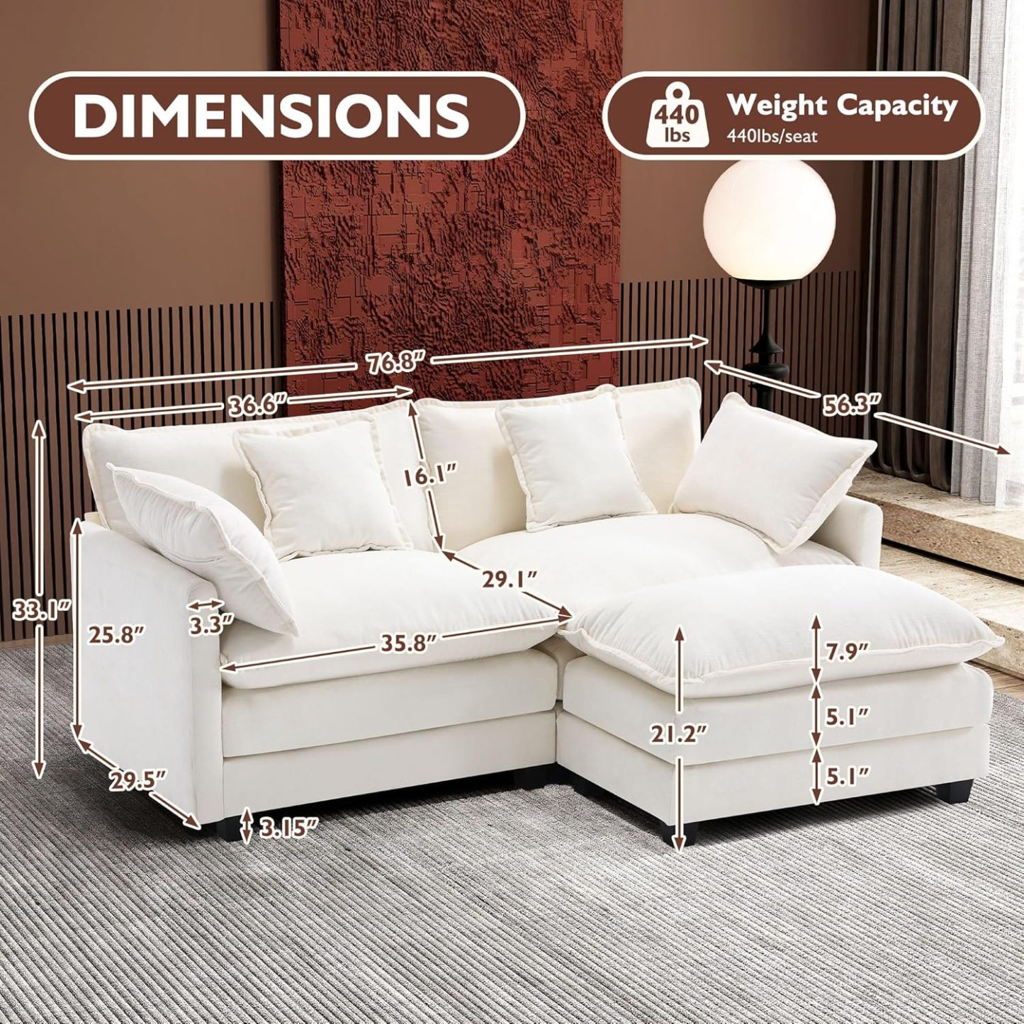 Cloudy 149.2'' Luxury Thickened Cushion Sectional Sofa