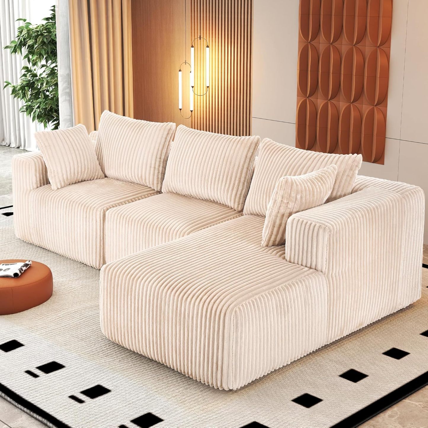 InstaPuff 102" Plush Corduroy free-installation sofa with Chaise