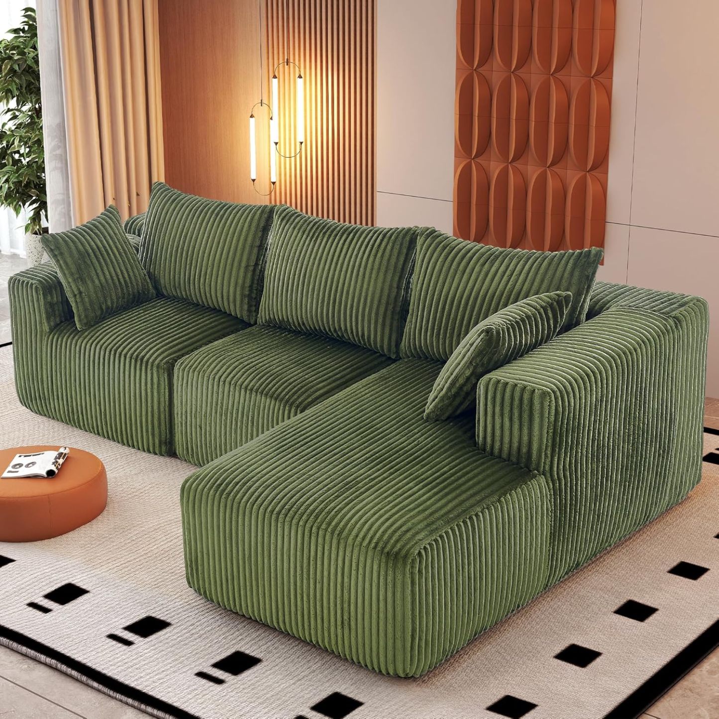 InstaPuff 102" Plush Corduroy free-installation sofa with Chaise