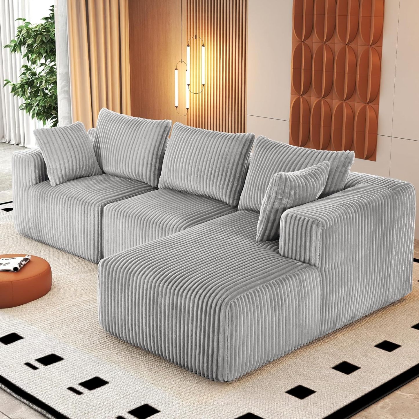 InstaPuff 102" Plush Corduroy free-installation sofa with Chaise