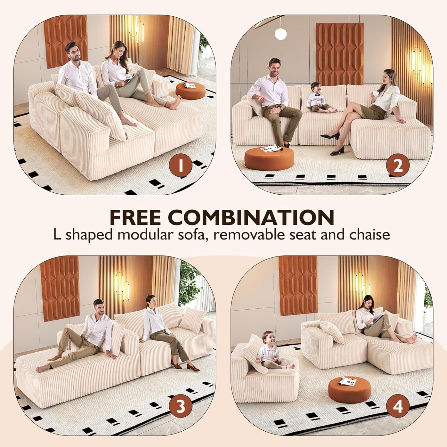 InstaPuff 102" Plush Corduroy free-installation sofa with Chaise
