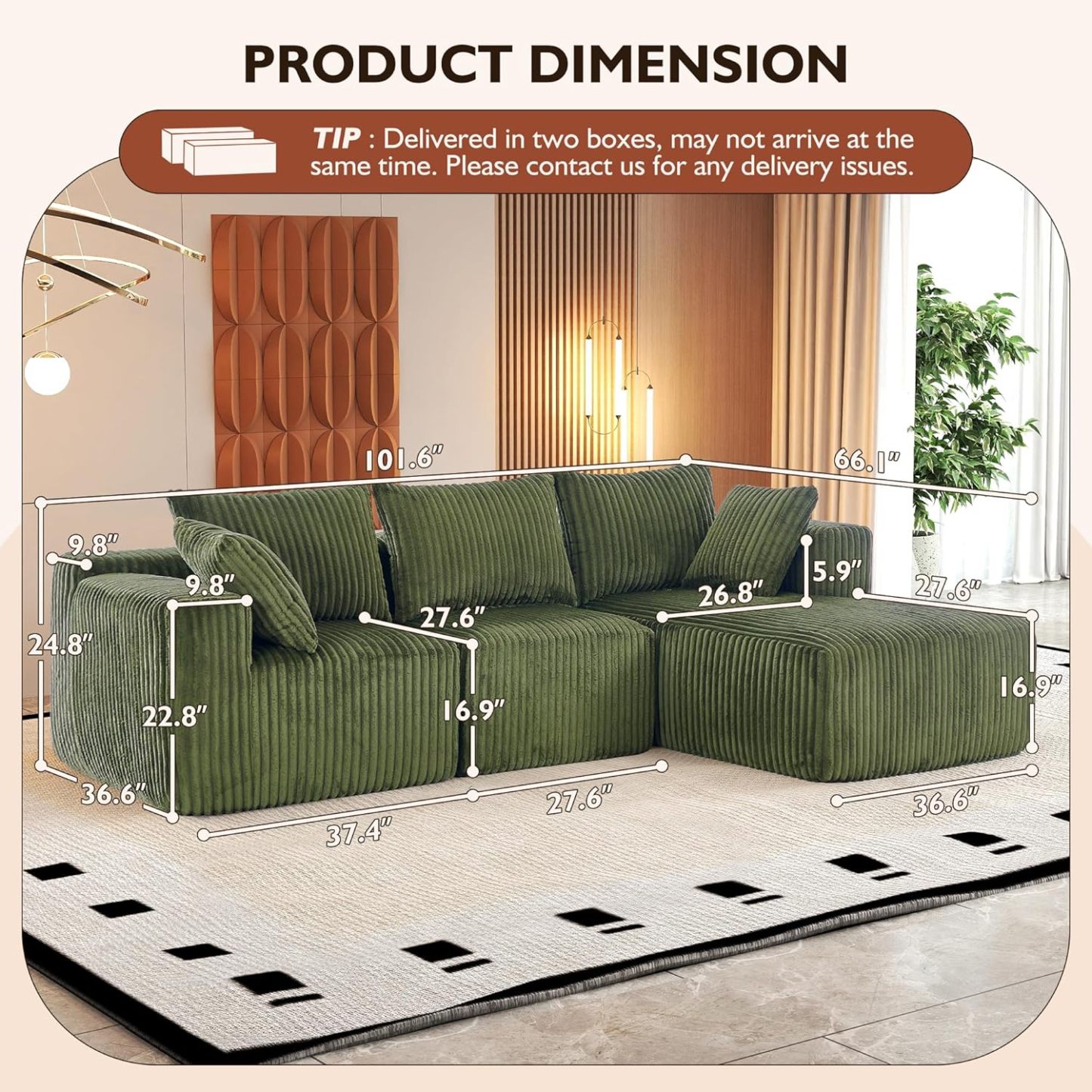 InstaPuff 102" Plush Corduroy free-installation sofa with Chaise