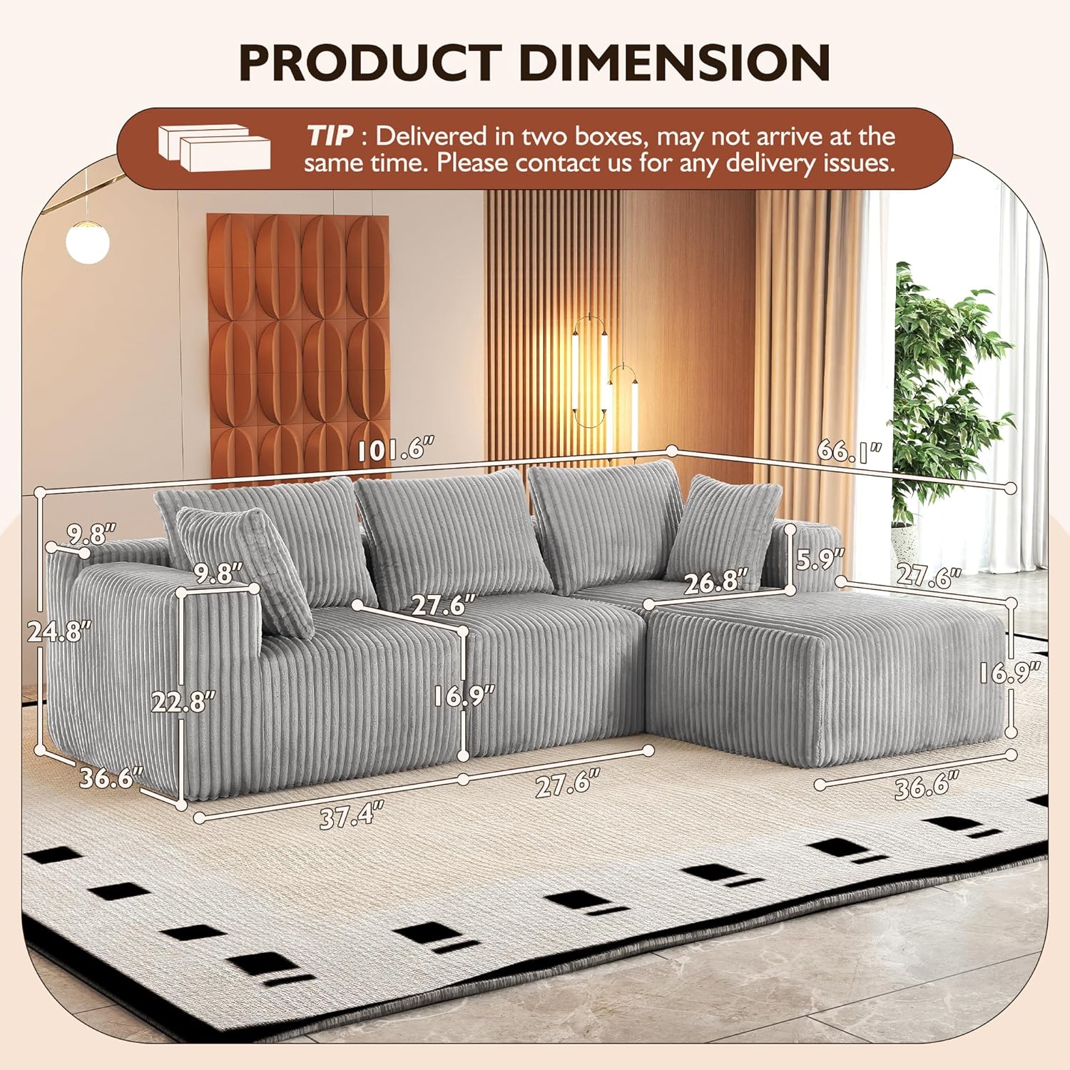 InstaPuff 102" Plush Corduroy free-installation sofa with Chaise