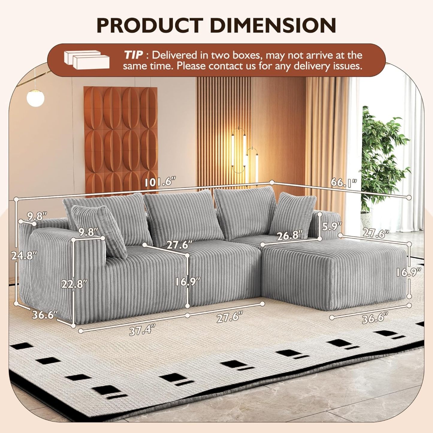 InstaPuff 102" Plush Corduroy free-installation sofa with Chaise