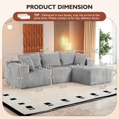 InstaPuff 102" Plush Corduroy free-installation sofa with Chaise