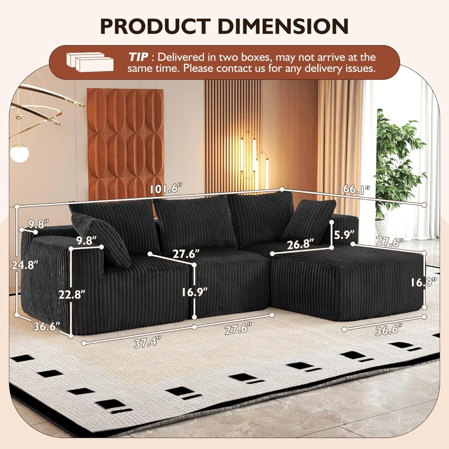 InstaPuff 102" Plush Corduroy free-installation sofa with Chaise