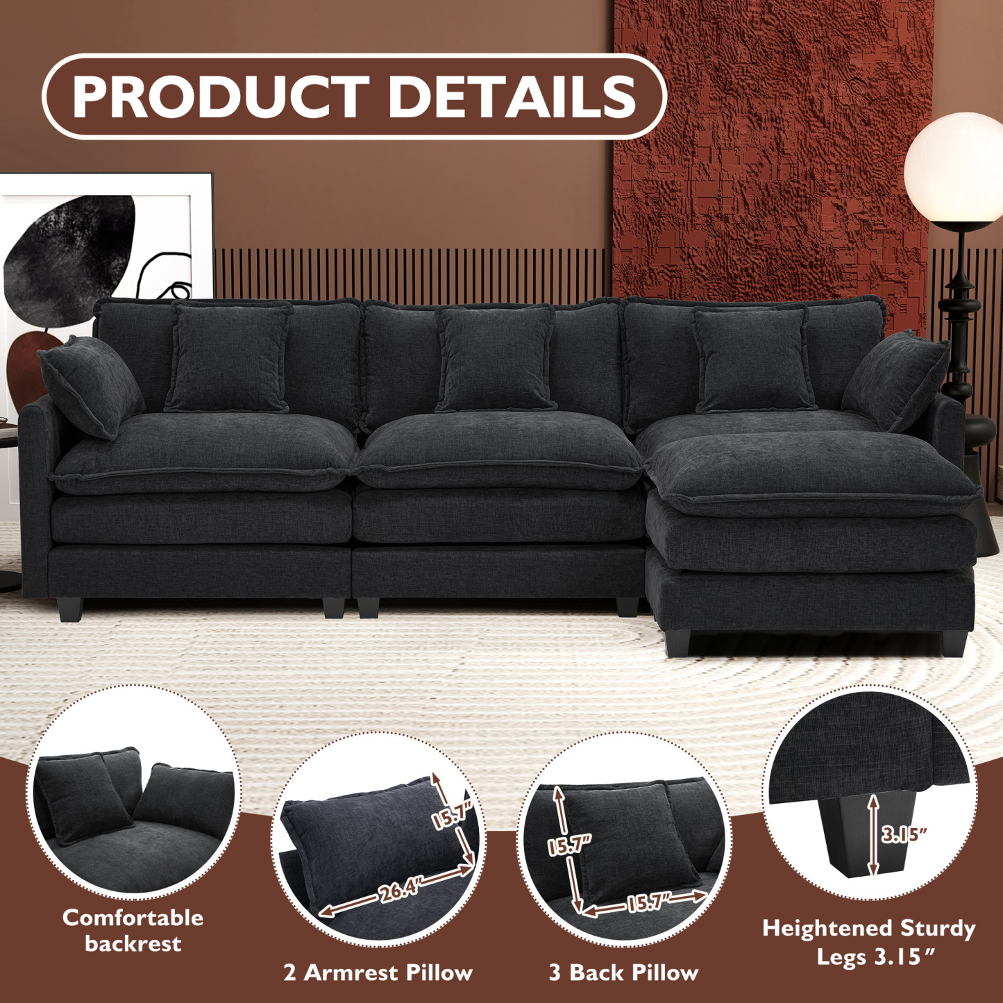 Cloudy 149.2'' Luxury Thickened Cushion Sectional Sofa