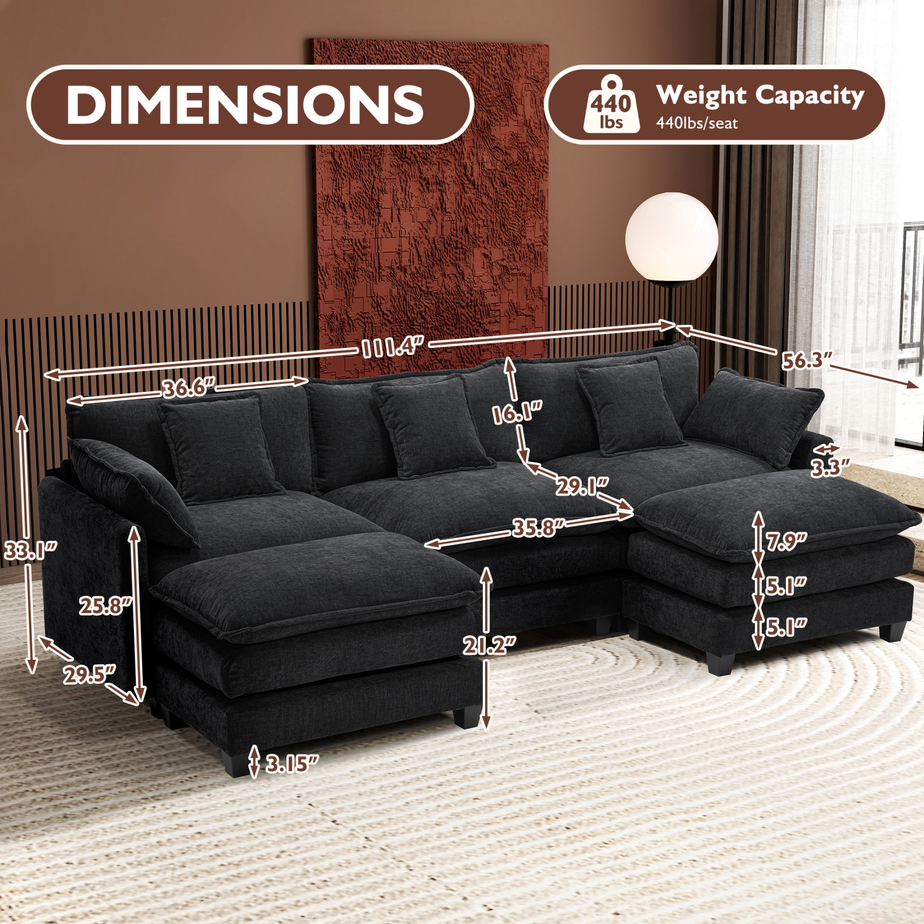 Cloudy 149.2'' Luxury Thickened Cushion Sectional Sofa