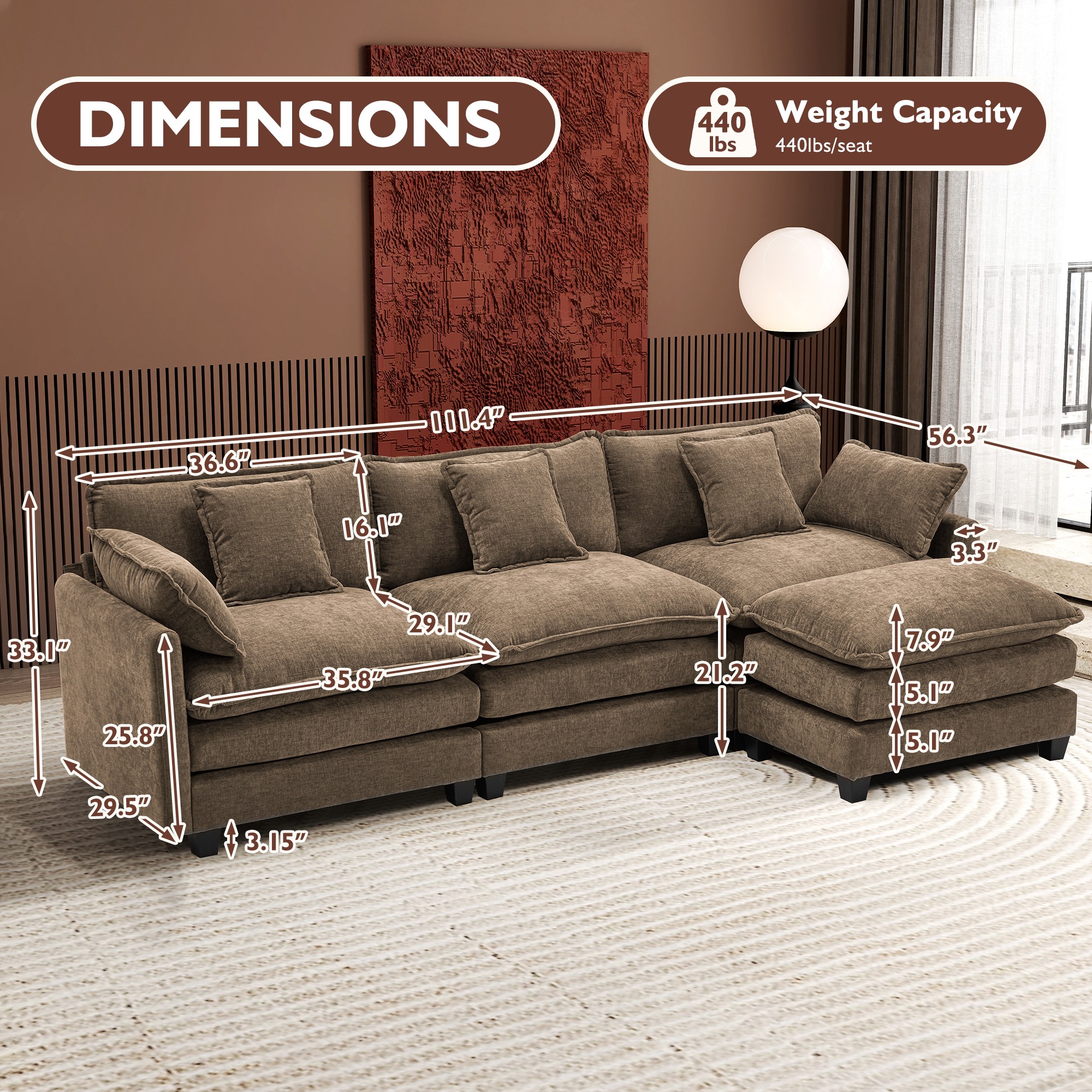 Cloudy 149.2'' Luxury Thickened Cushion Sectional Sofa