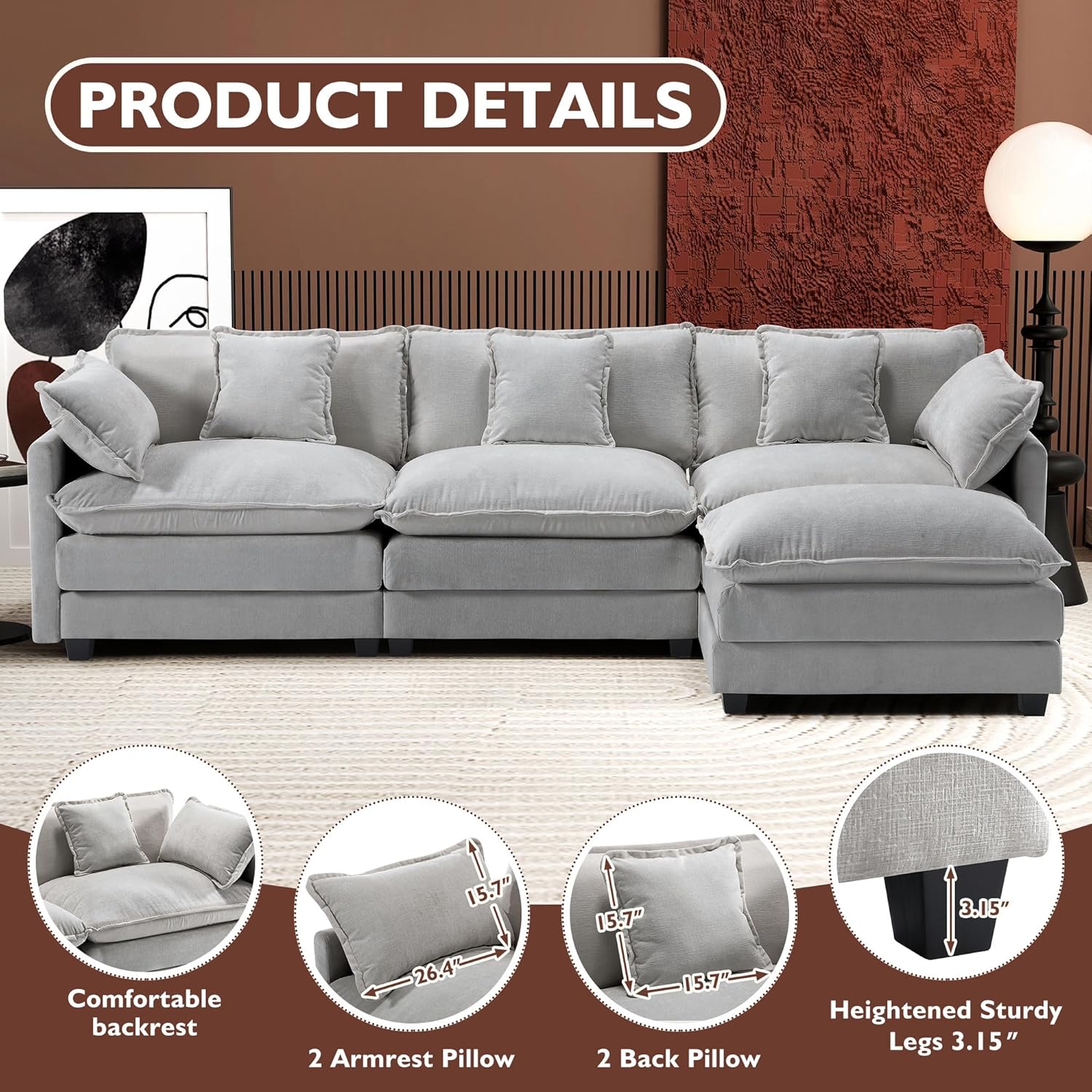 Cloudy 149.2'' Luxury Thickened Cushion Sectional Sofa