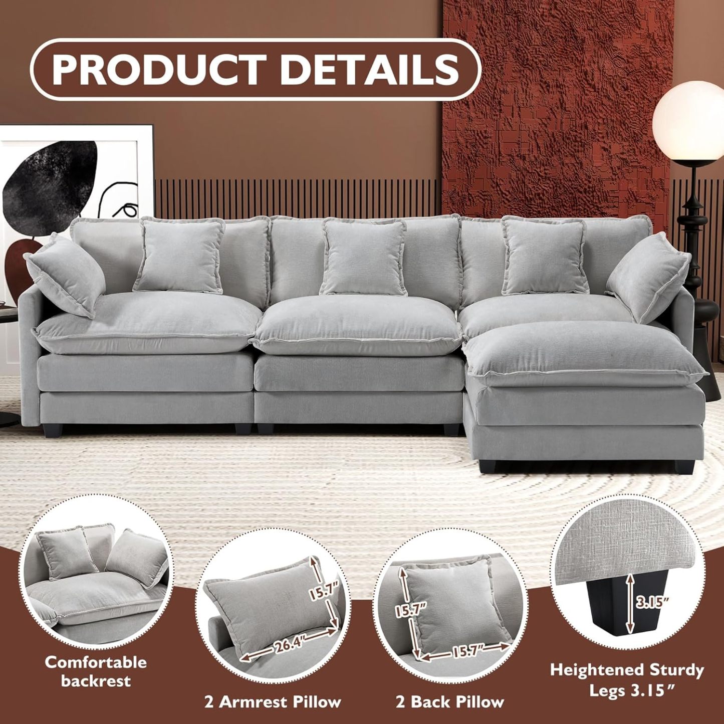 Cloudy 149.2'' Luxury Thickened Cushion Sectional Sofa