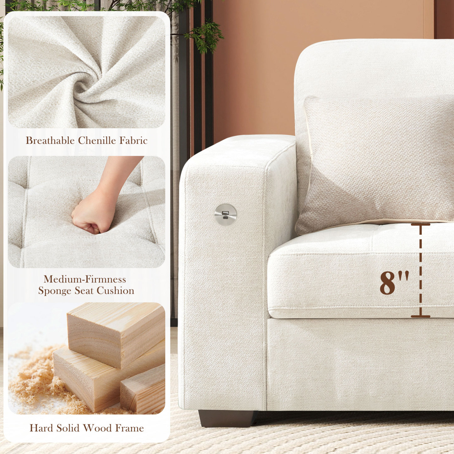 Classic 70" & 89" Modern Sofa with USB Charging