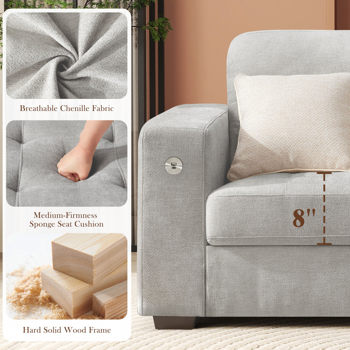 Classic 70" & 89" Modern Sofa with USB Charging