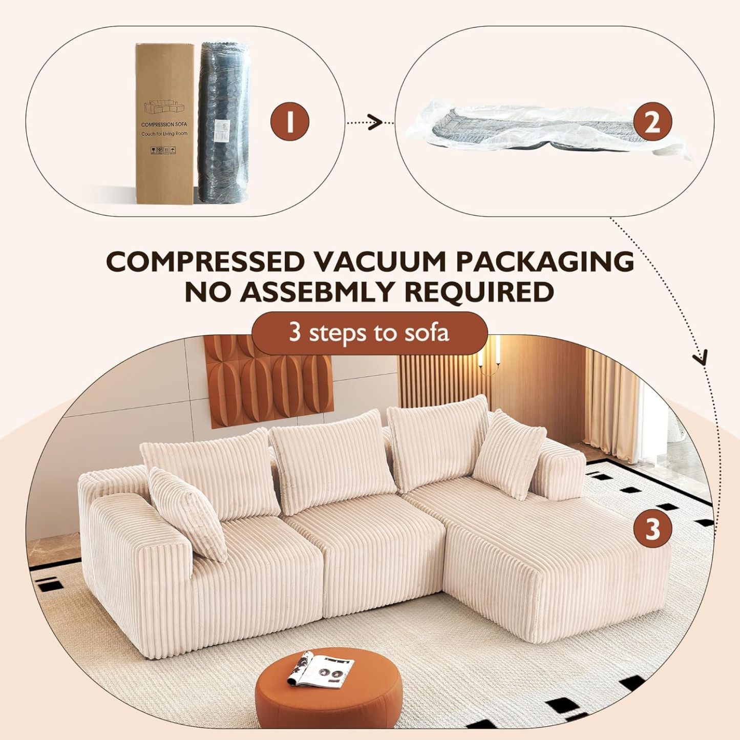 InstaPuff 102" Plush Corduroy free-installation sofa with Chaise