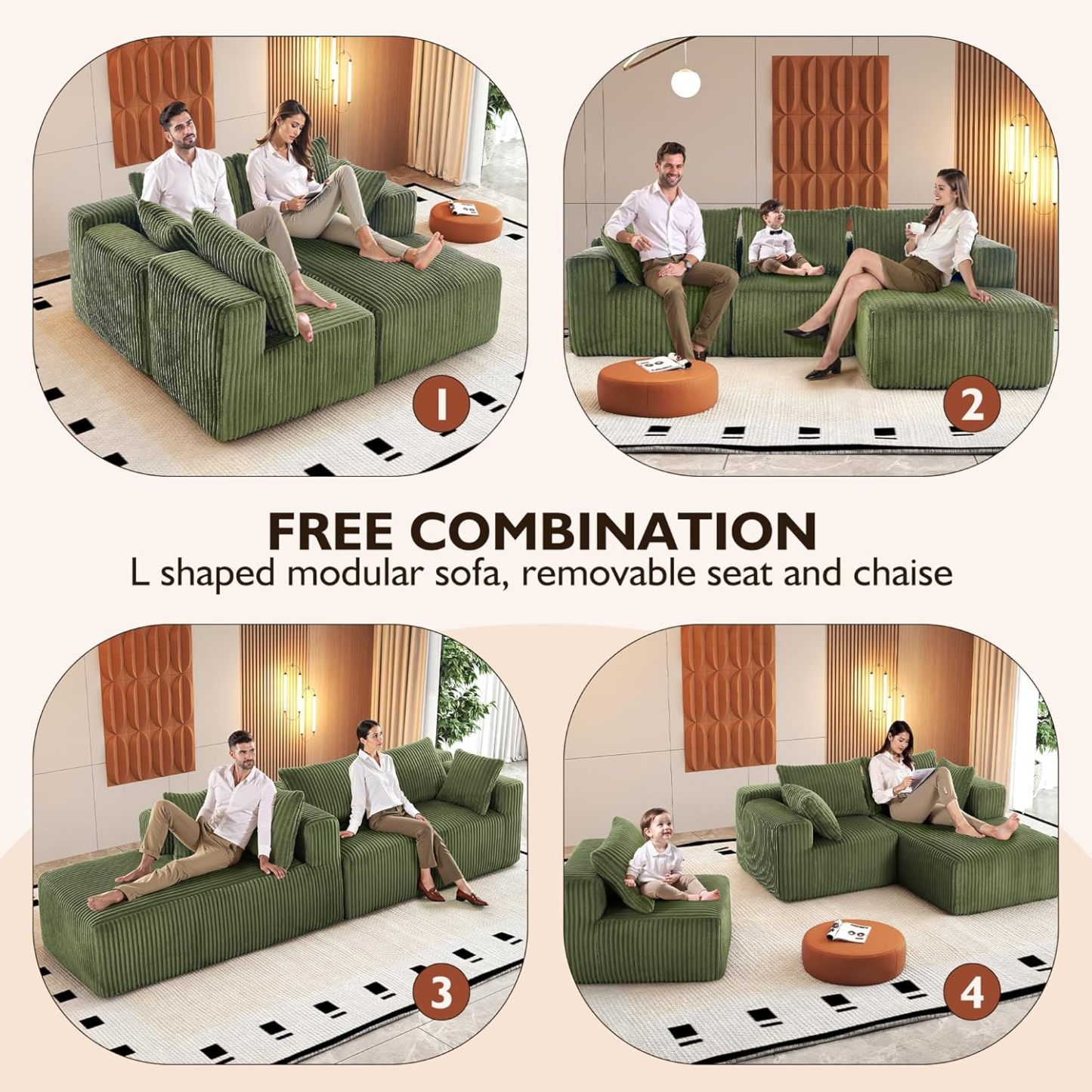 InstaPuff 102" Plush Corduroy free-installation sofa with Chaise