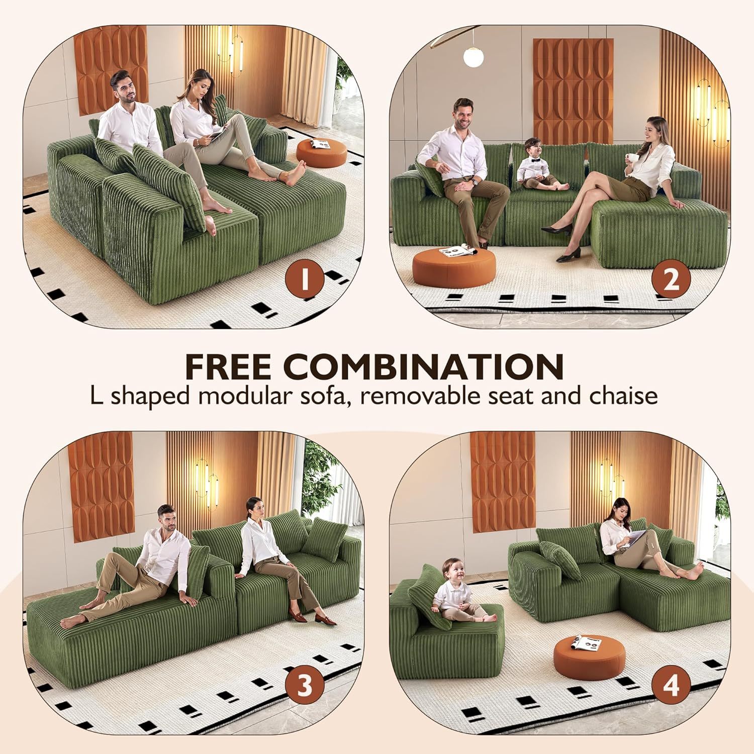 InstaPuff 102" Plush Corduroy free-installation sofa with Chaise