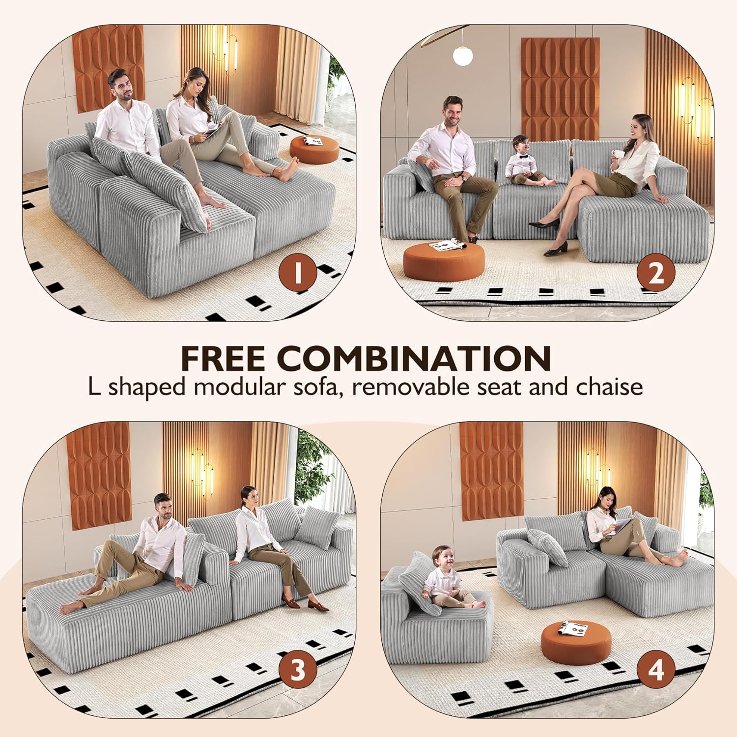 InstaPuff 102" Plush Corduroy free-installation sofa with Chaise