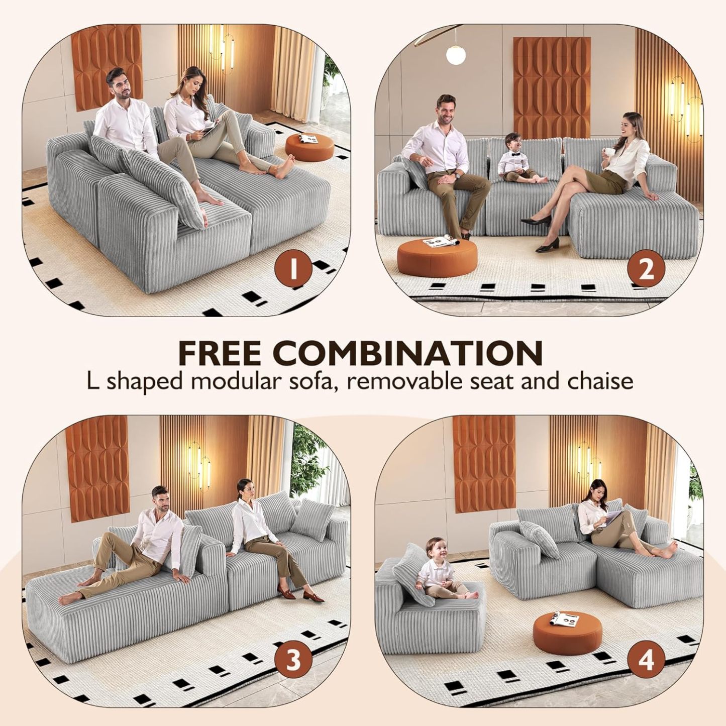 InstaPuff 102" Plush Corduroy free-installation sofa with Chaise