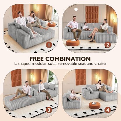 InstaPuff 102" Plush Corduroy free-installation sofa with Chaise