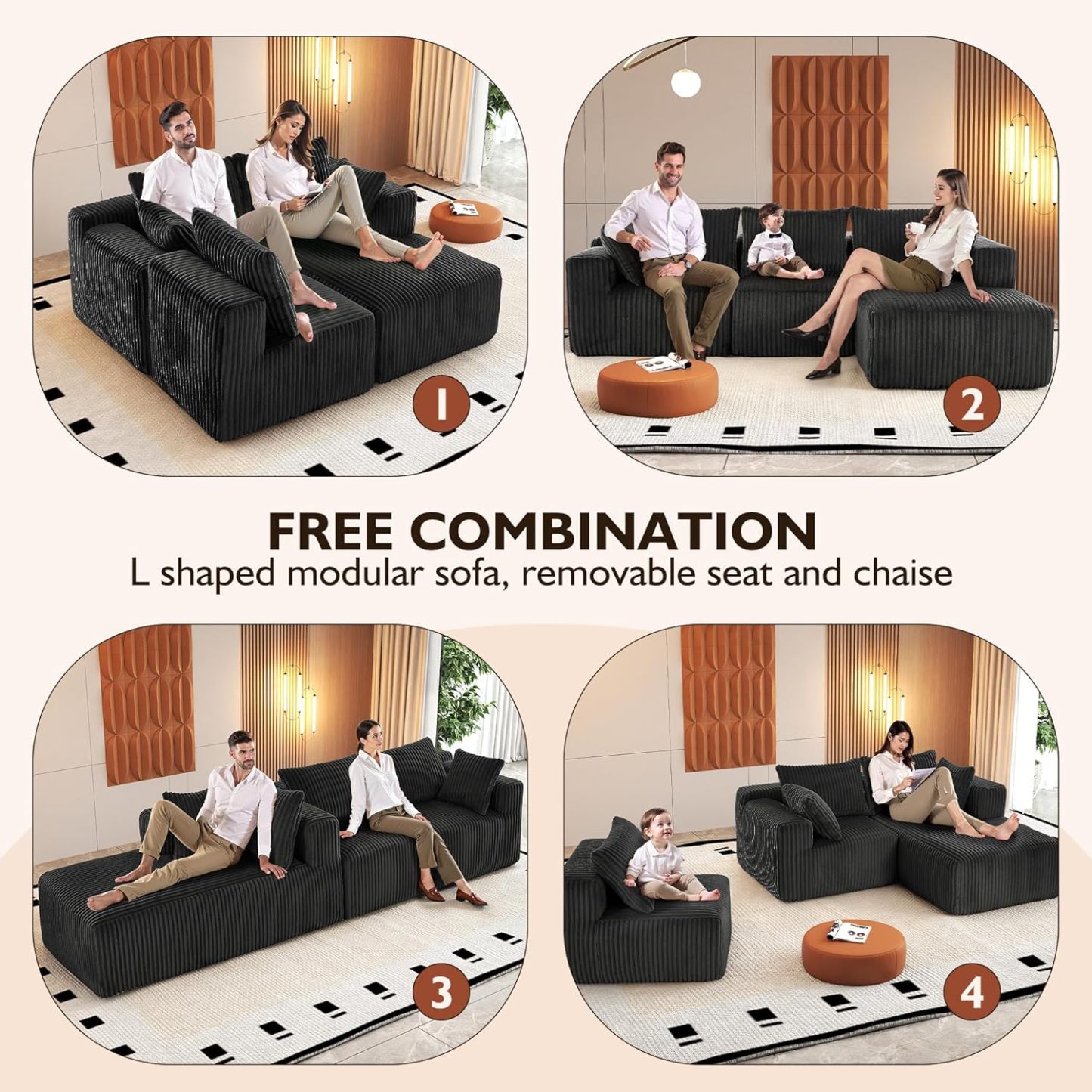 InstaPuff 102" Plush Corduroy free-installation sofa with Chaise