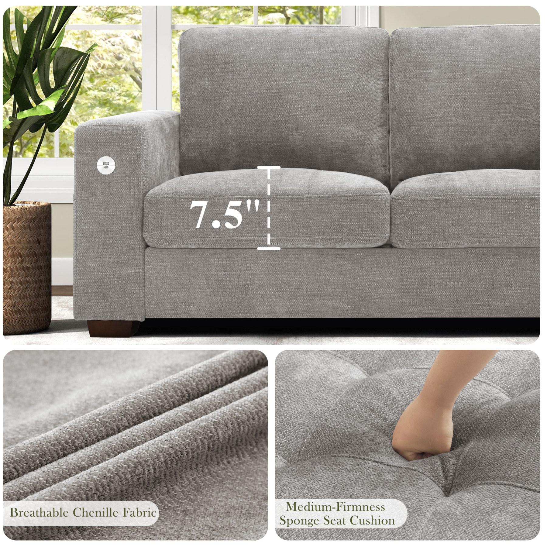 Classic 70" & 89" Modern Sofa with USB Charging