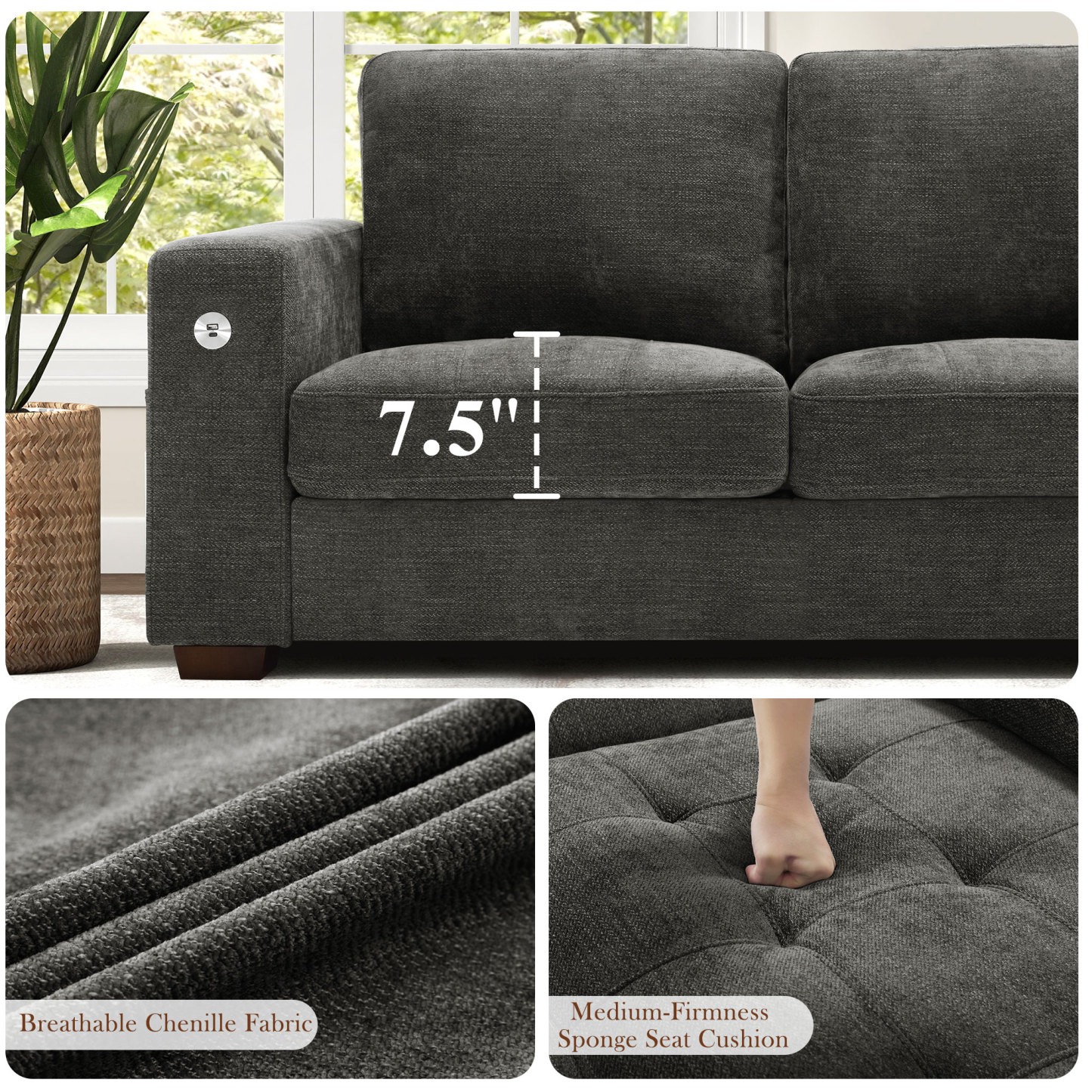 Classic 70" & 89" Modern Sofa with USB Charging