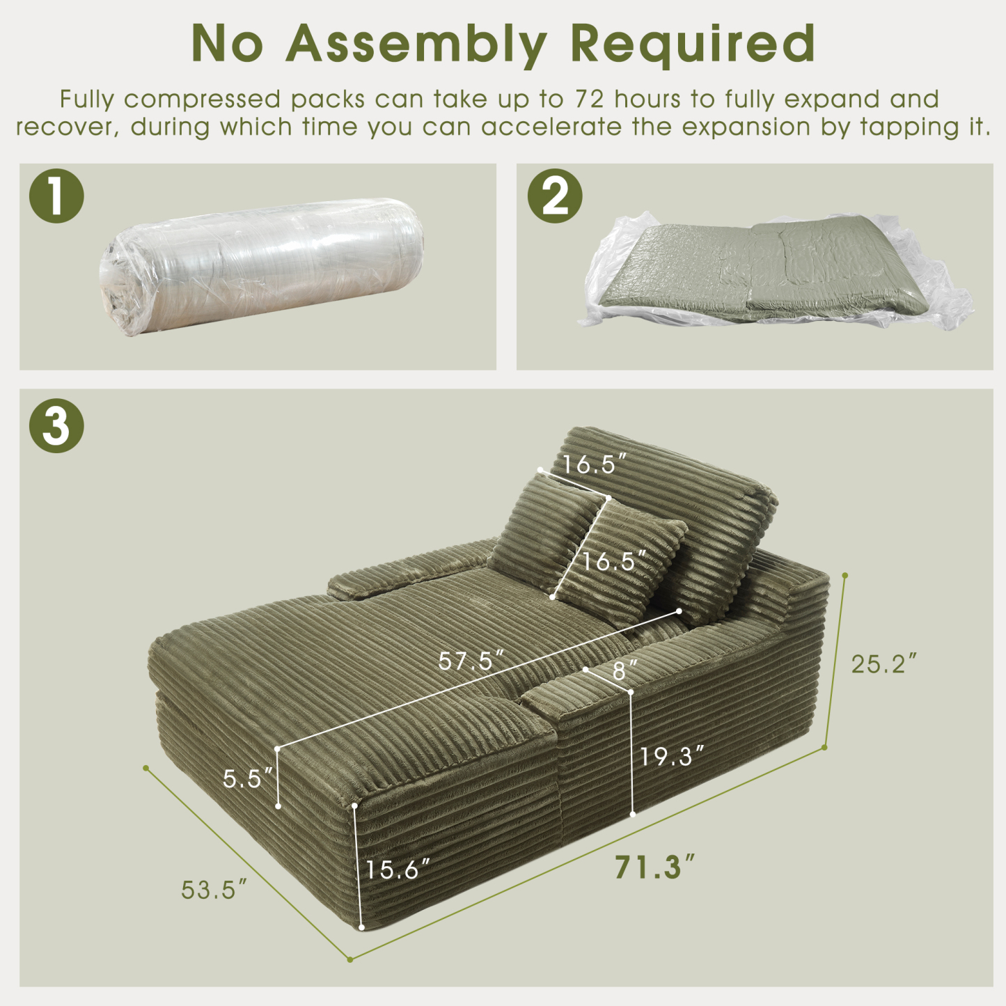 InstaPuff 57.5" Corduroy Modern Toffee Sleeper Chaise Lounger-Worthfurni